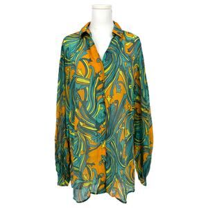 Never Fully Dressed Teal Orange Abstract Print Oversized Tunic Shirt 10